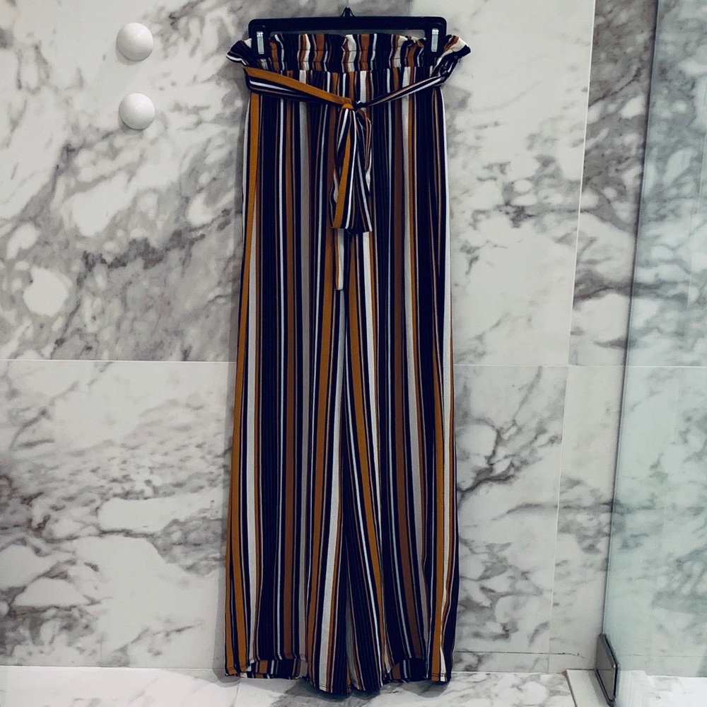 Mustard and blue striped wide leg pants